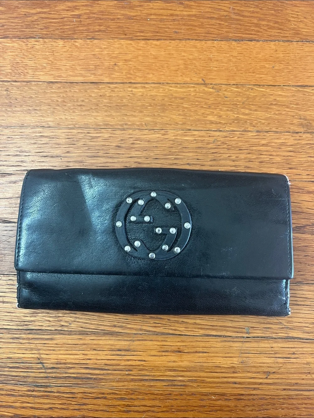 Gucci Black Leather Studded Logo Continental Wallet